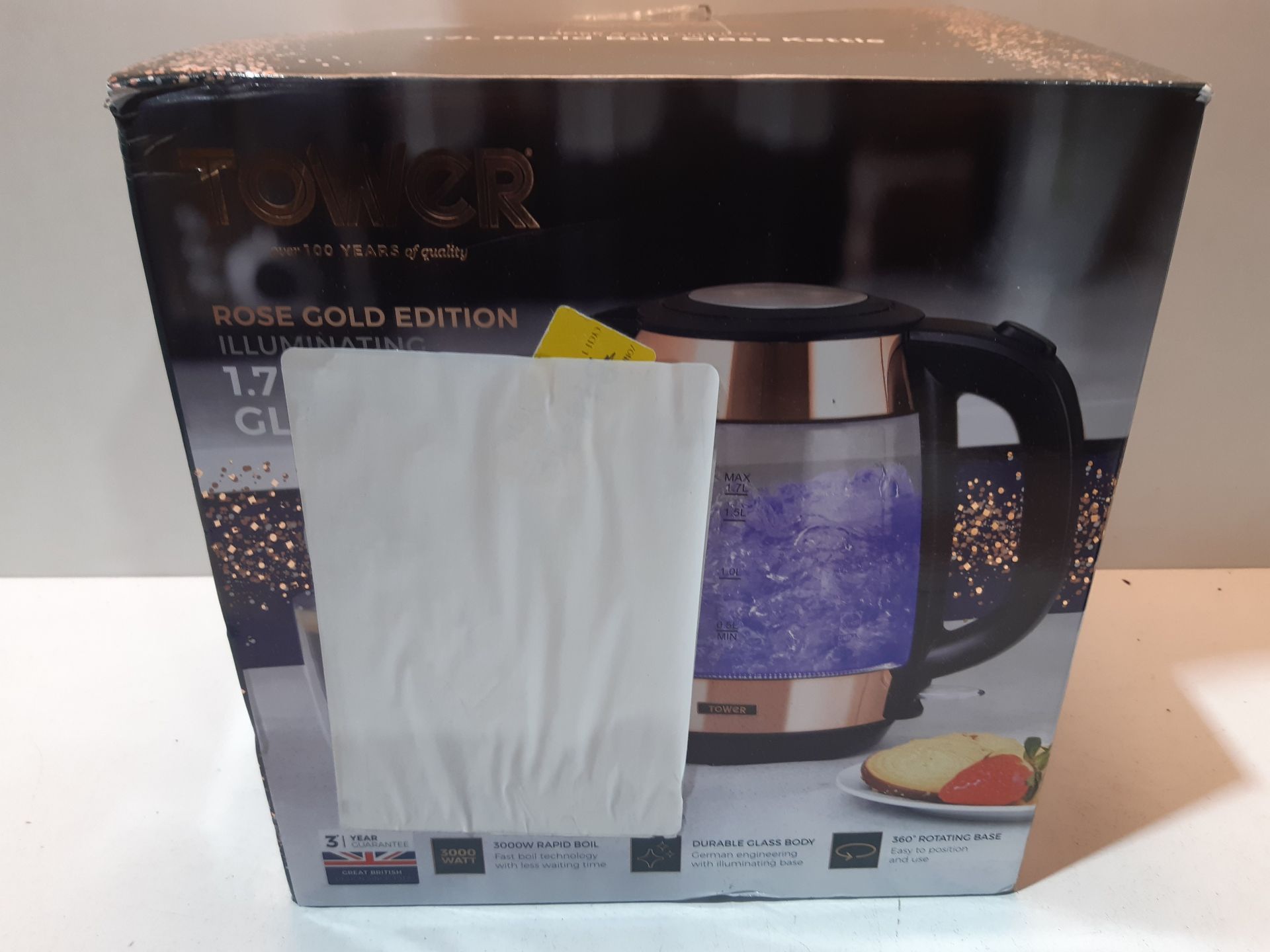 RRP £39.99 Tower T10040RG 3000W 1.7L Cordless Glass Jug Kettle, Rose Gold - Brand New