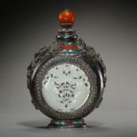 STERLING SILVER INLAID HETIAN JADE FLAT BOTTLE, QING DYNASTY, CHINA