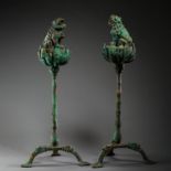 A PAIR OF BRONZE LION STATUES, INCENSE BURNERS FOR CONSECRATING FROM LIAO OR JIN DYNASTIES