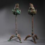 A PAIR OF BRONZE LION STATUES, INCENSE BURNERS FOR OFFERING FROM LIAO OR JIN DYNASTIES