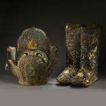 A SET OF SILVER GILT DRAGON AND PHOENIX BOOTS, CROWN, LIAO OR JIN PERIOD, CHINA