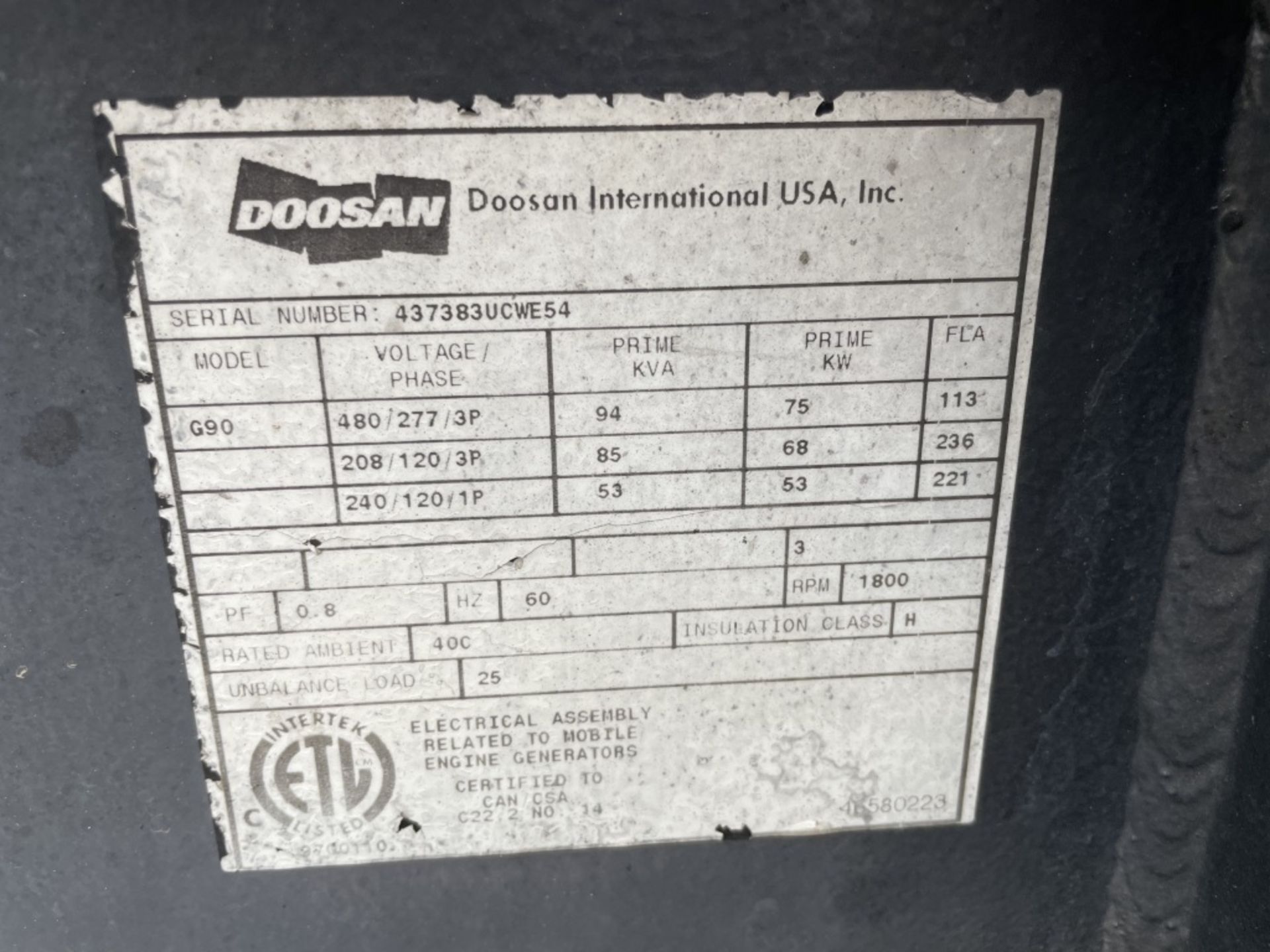 2012 Doosan G90 Towable Generator - Image 9 of 17