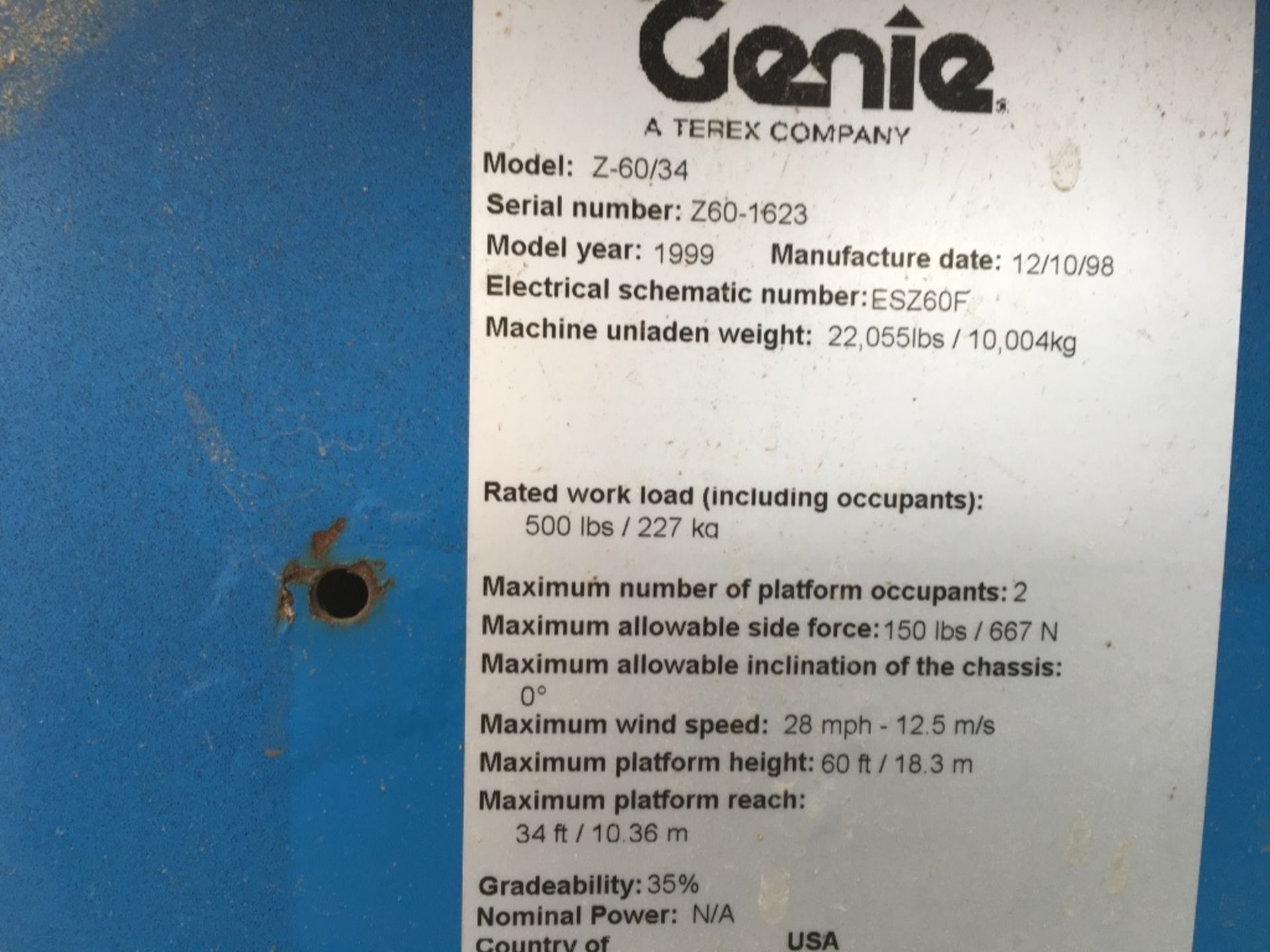 1999 Genie Z60/34 4x4 Articulating Boom Lift - Image 20 of 20