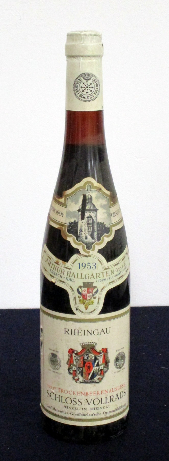 1 bt Arthur Hallgarten Schloss Vollrads 1953 TBA, Winkel Im Rheingau 28 ml below foil, aged/ sl bs