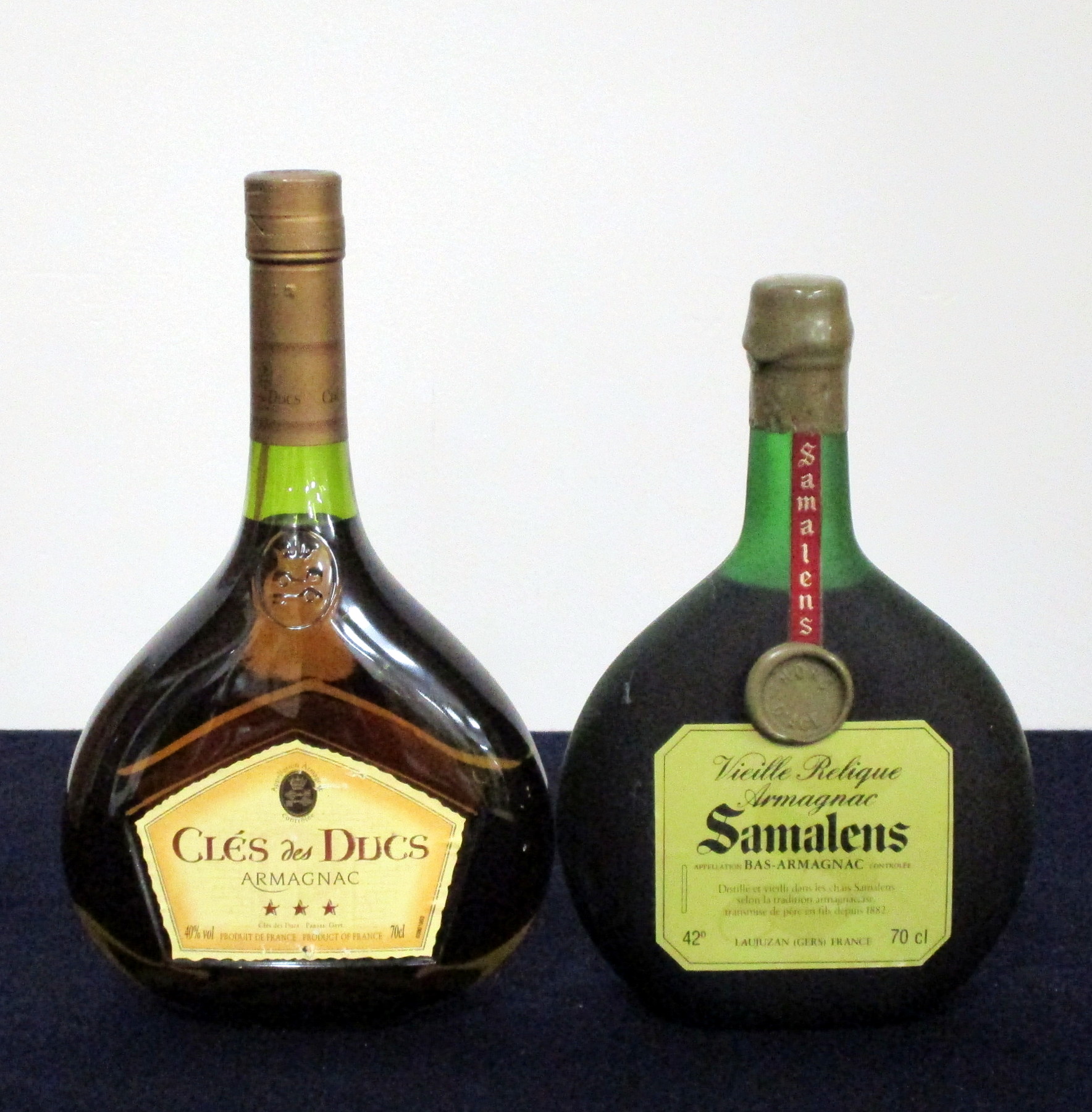 1 70-cl bts Clés des Ducs Armagnac 40% 1 70-cl bts Samalens Vieille Relique Bas Armagnac Above two