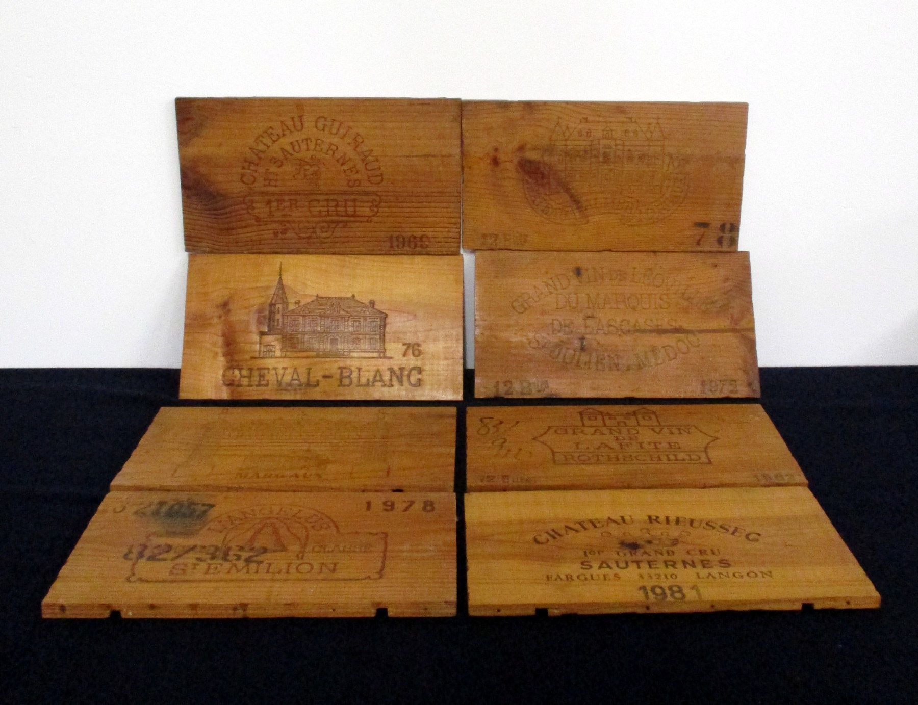 A collection of 8 Polished Wooden Box Ends including:- Ch. Lafite Rothschild 1982, Ch. Palmer