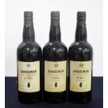 3 bts Sandeman 1957 Vintage Port 2 i.n, 1 base of neck, aged labels