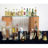 A quantity (34) miniatures including:- Whyte & Mackay Whisky, Three Barrels, Calvados etc
