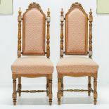 Pair Carolean Style Carved Walnut High Back Hall Chairs