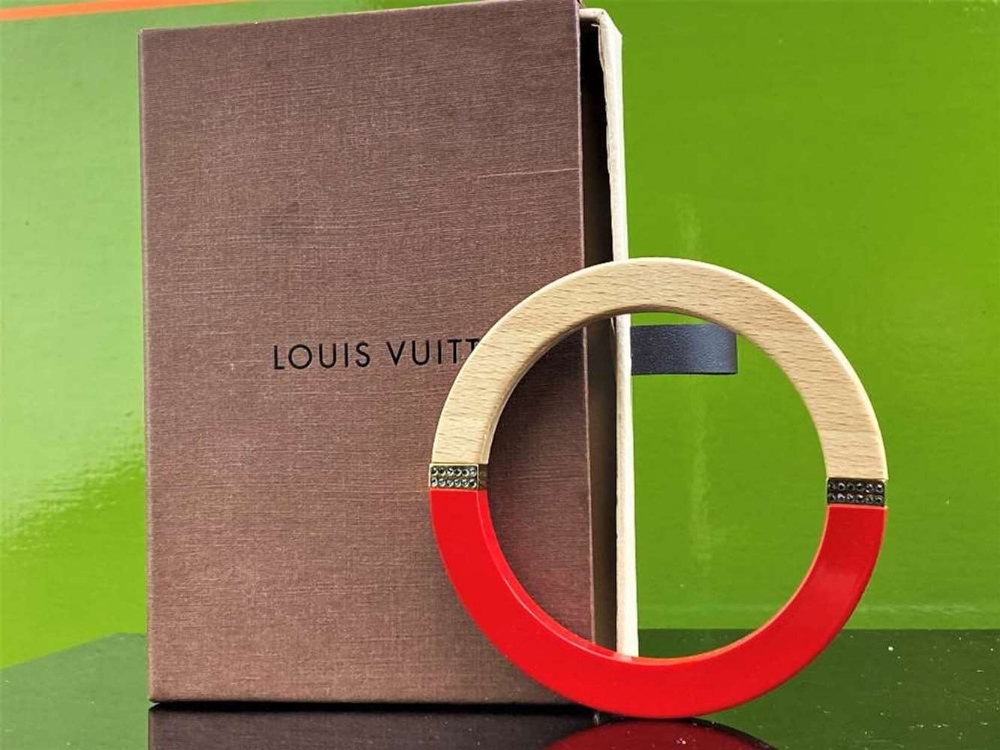 Louis Vuitton Red And Wood Bangle Bracelet With Gold Trim - Image 3 of 5