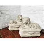 Pair of Matching Stone Lions on Pedestal