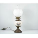 Vintage Duplex Crackle Glaze Ceramic Brass Table Lamp - Cartouches with Courting Couples - Converted