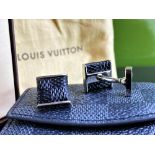 Louis Vuitton Paris Silver-Tone Black Leather Cufflinks