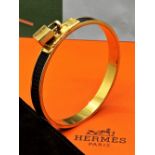 Hermes Gold Kelly Cadena Lock & Black Leather Bangle