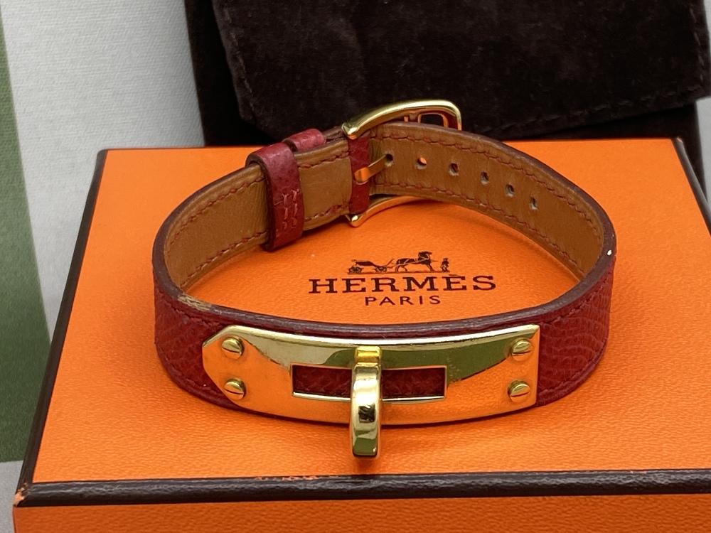 Hermes Paris -Gold Plated Red Leather Twist Bracelet - Image 4 of 7