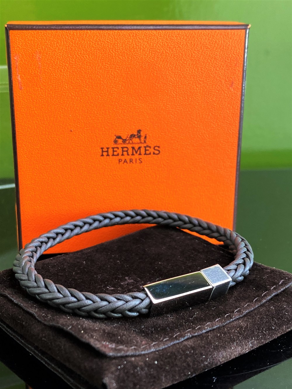 Hermes Paris "Joker" Leather & Plated Bracelet Dark Grey - Image 3 of 5