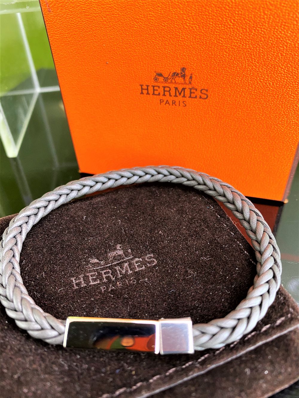 Hermes Paris "Joker" Leather & Plated Bracelet Dark Grey - Image 4 of 5