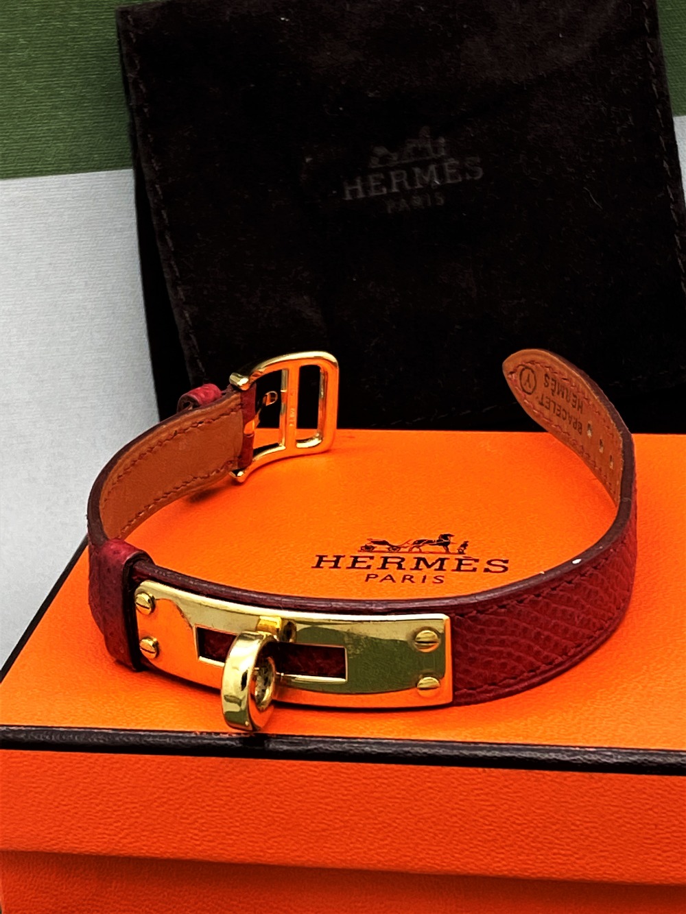 Hermes Paris -Gold Plated Red Leather Twist Bracelet - Image 7 of 7