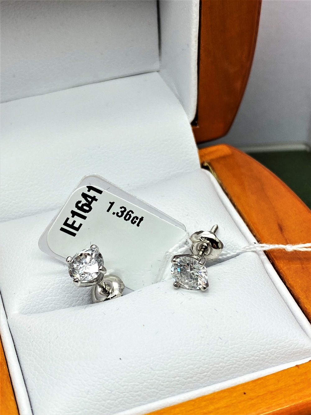 Pair of New 1.36 Carat Round Cut VS1/D Diamond Stud Earrings On 14K Hallmarked White Gold