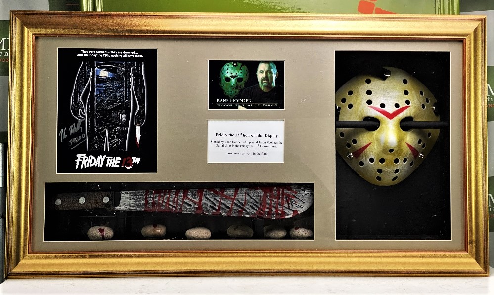Signed 3D Friday the 13th Jason Display With Mask & Machete led lighting