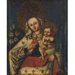 Schule von Cusco Jungfrau Maria mit Kind. 18. Jh. Öl auf Leinwand. 57 x 46,5 cm. Im goldene