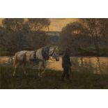 Otto Strützel (1855 Dessau - 1930 München)Mann mit Pferd an der Isar. Öl auf