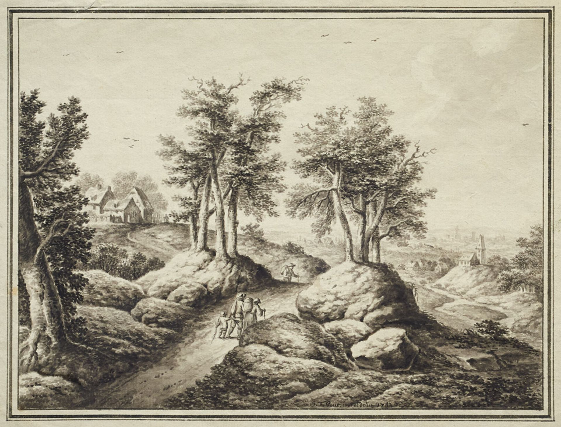 Jean-Francois Gout (1748 - 1812)Landschaft mit Staffage und Häusern. 1783. Fed