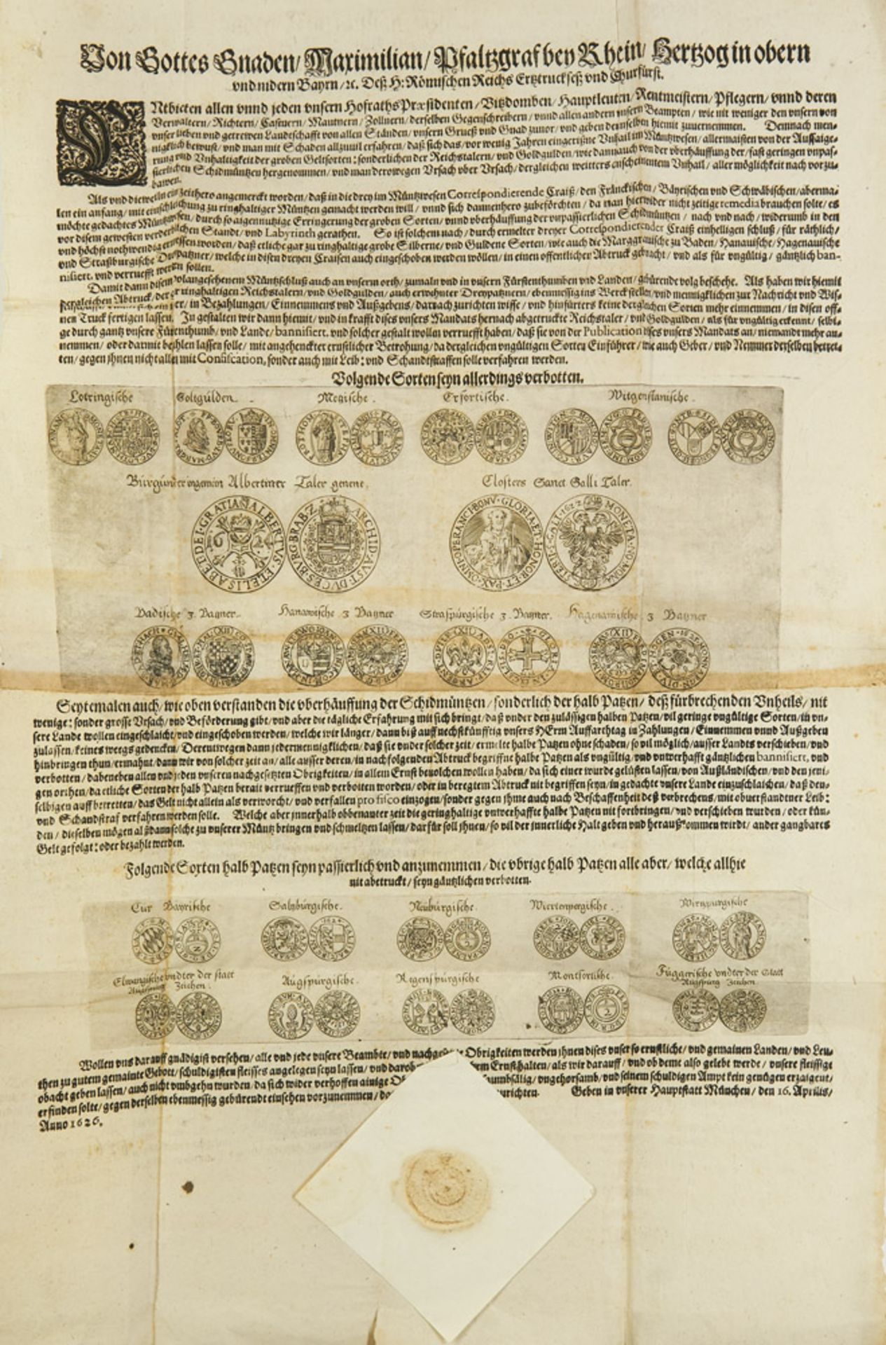 Numismatik - - Einblattdruck im Namen Maiximilian I., herzog v. Bayern u. Kurfürst d. Pfalz