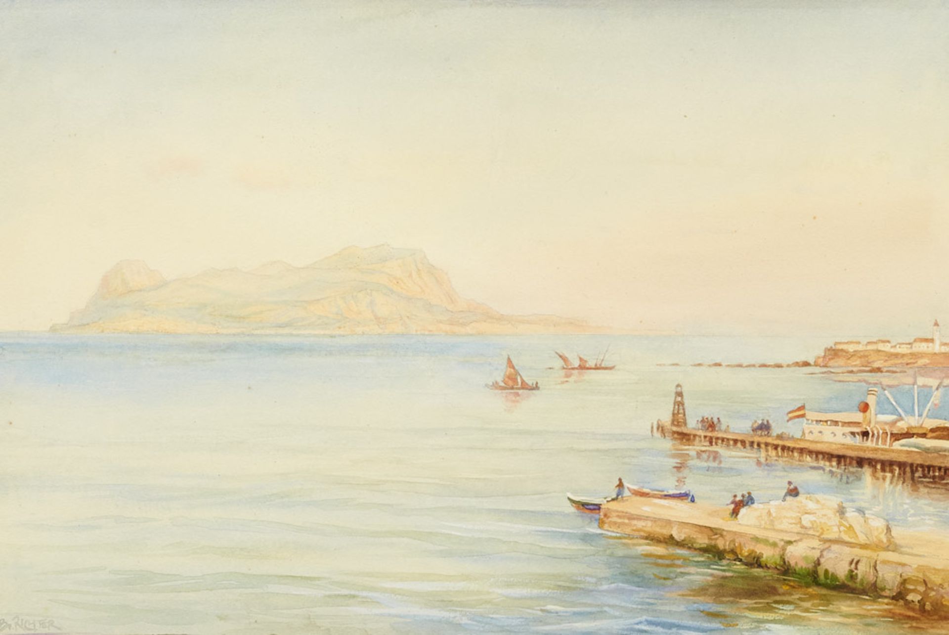 Bruno Richter (1872 Halle - ?)Blick von Algeciras auf Gibraltar. Aquarell übee