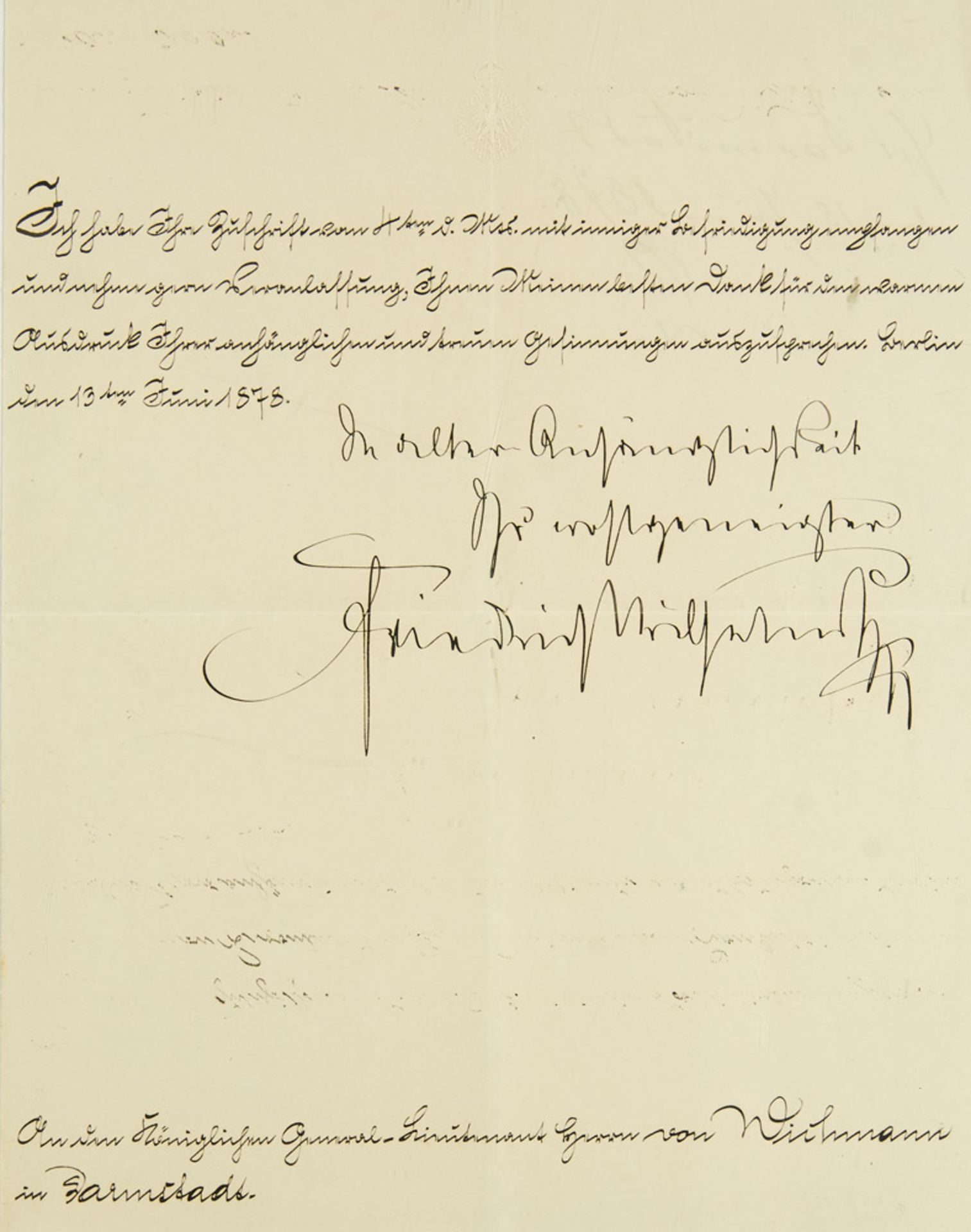 Friedrich III. von Preußen. Brief m. eigh. Unterschrift u. Empfehlungsformel. Berlin, 13.Ju