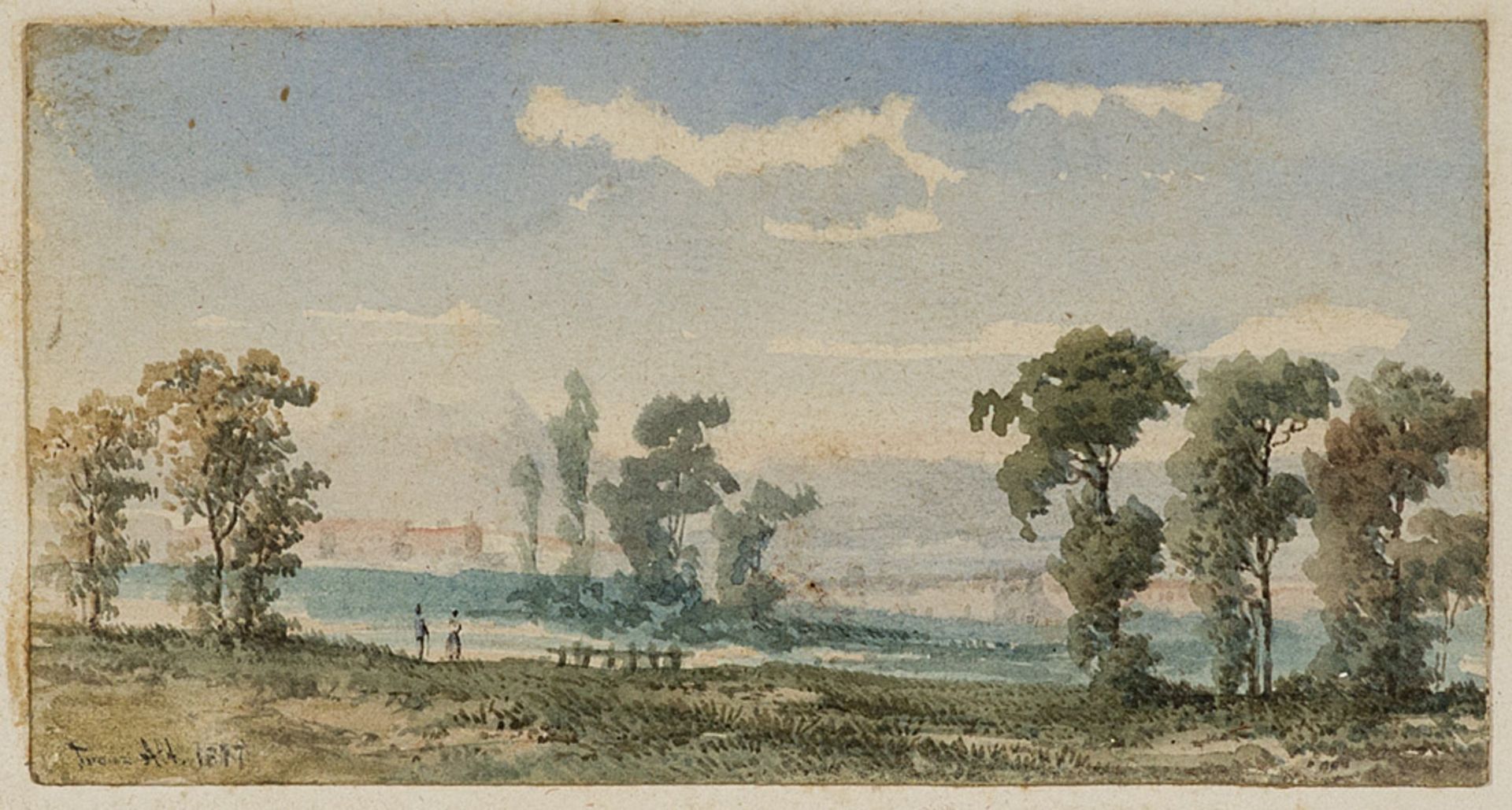 Franz Alt (1824 - 1914, Wien)Baumbestandene Landschaft mit einem Paar. 1877. 9,