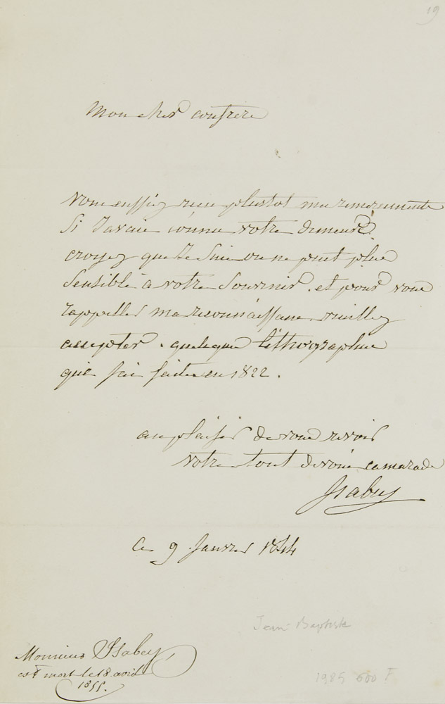 Jean-Baptiste Isabey. Eigh. Brief m. Unterschrift. o.O. (Paris), 9. Januar 1844. Franz. Hand