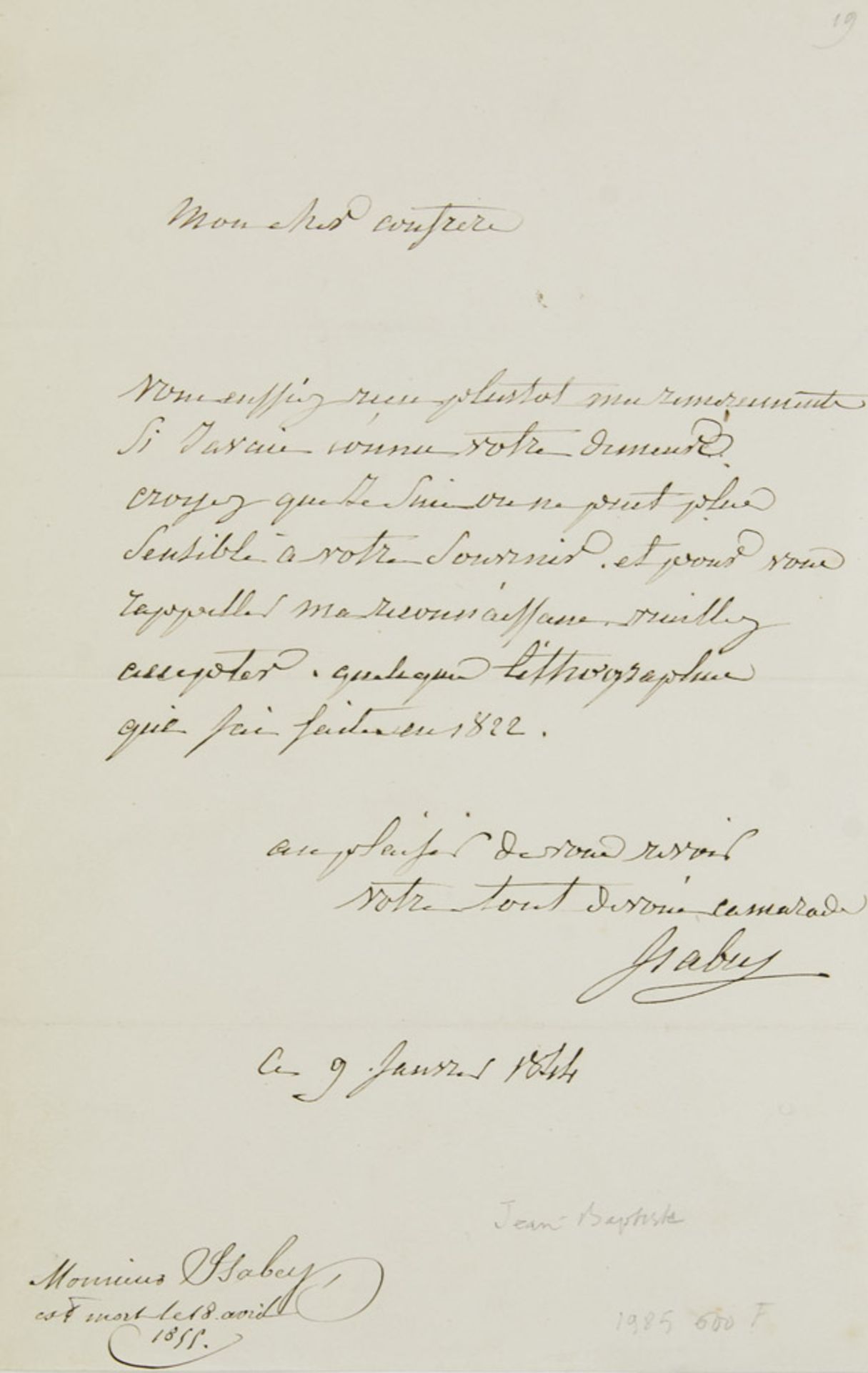 Jean-Baptiste Isabey. Eigh. Brief m. Unterschrift. o.O. (Paris), 9. Januar 1844. Franz. Hand