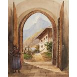 Raimund Mössmer (1813 - 1874)Blick aus dem Portal der Kirche von Hallstadt. 18