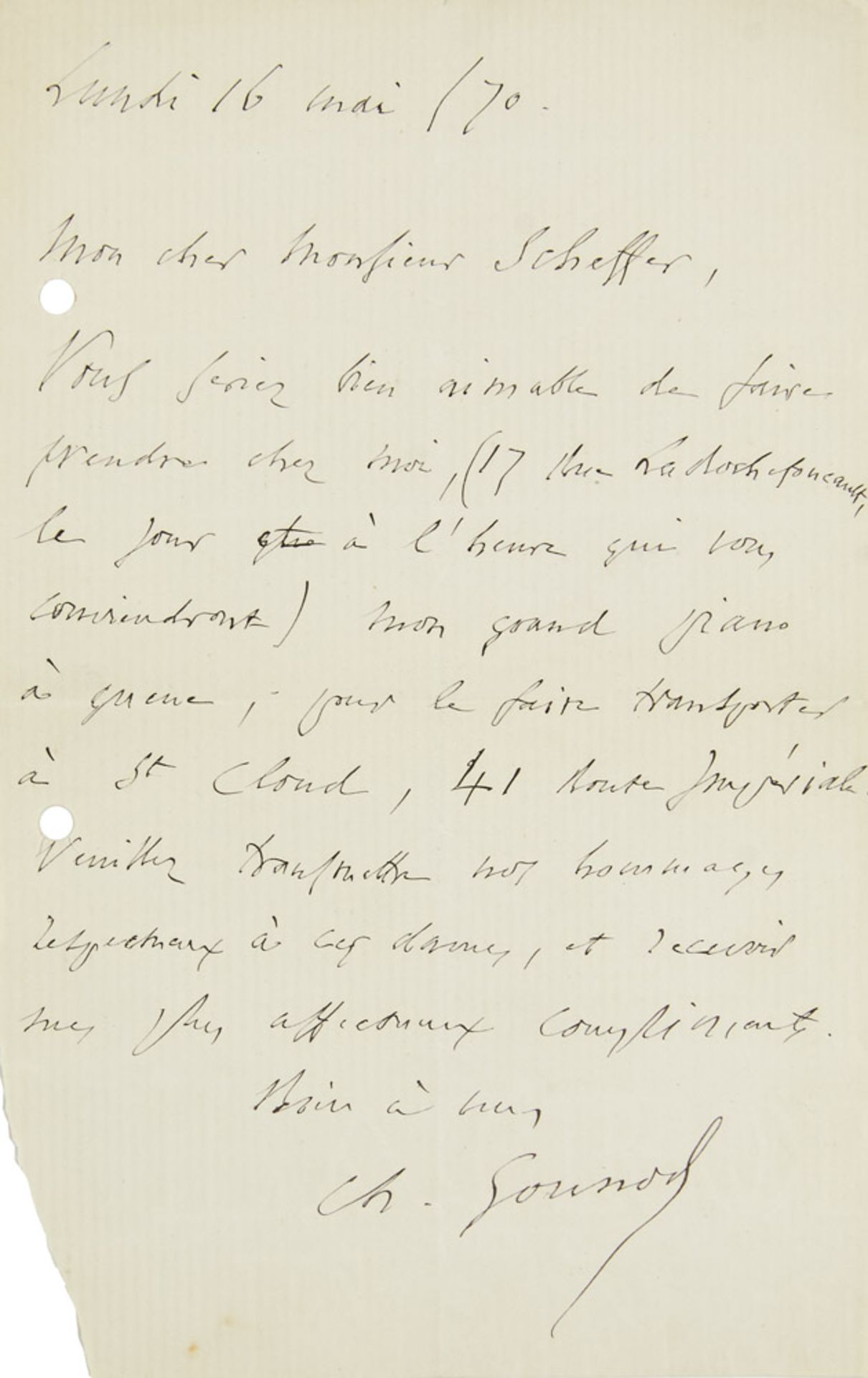 Charles Gounod (Komponist). Eigh. Brief mit original Unterschrift. o.O., 16. Mai 1870. <br