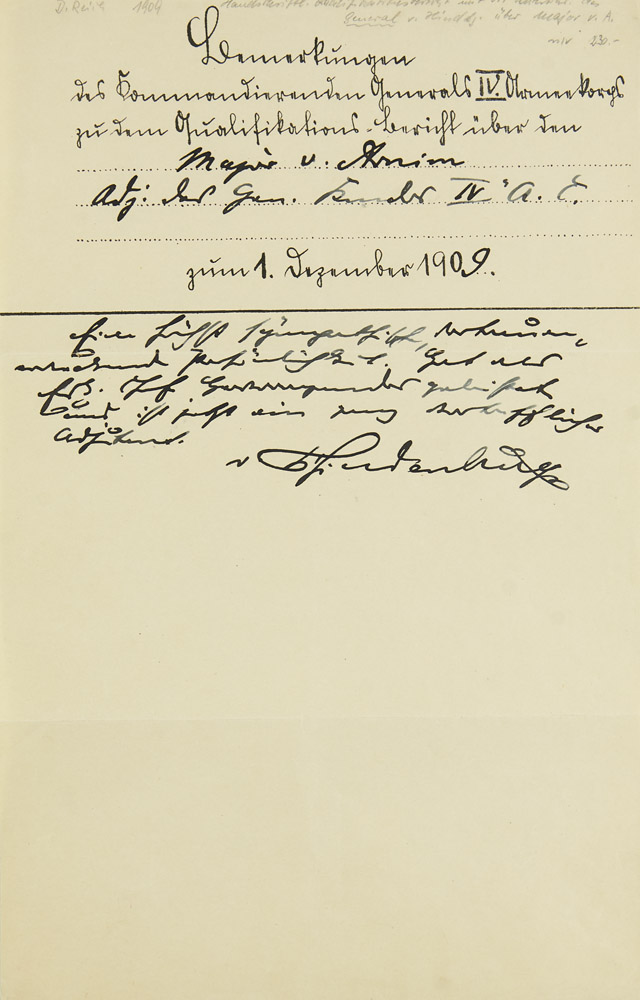 Paul von Hindenburg. Eigenhändige Beurteilung mit Unterschrift, 1. Dezember 1909. 1 Seite,