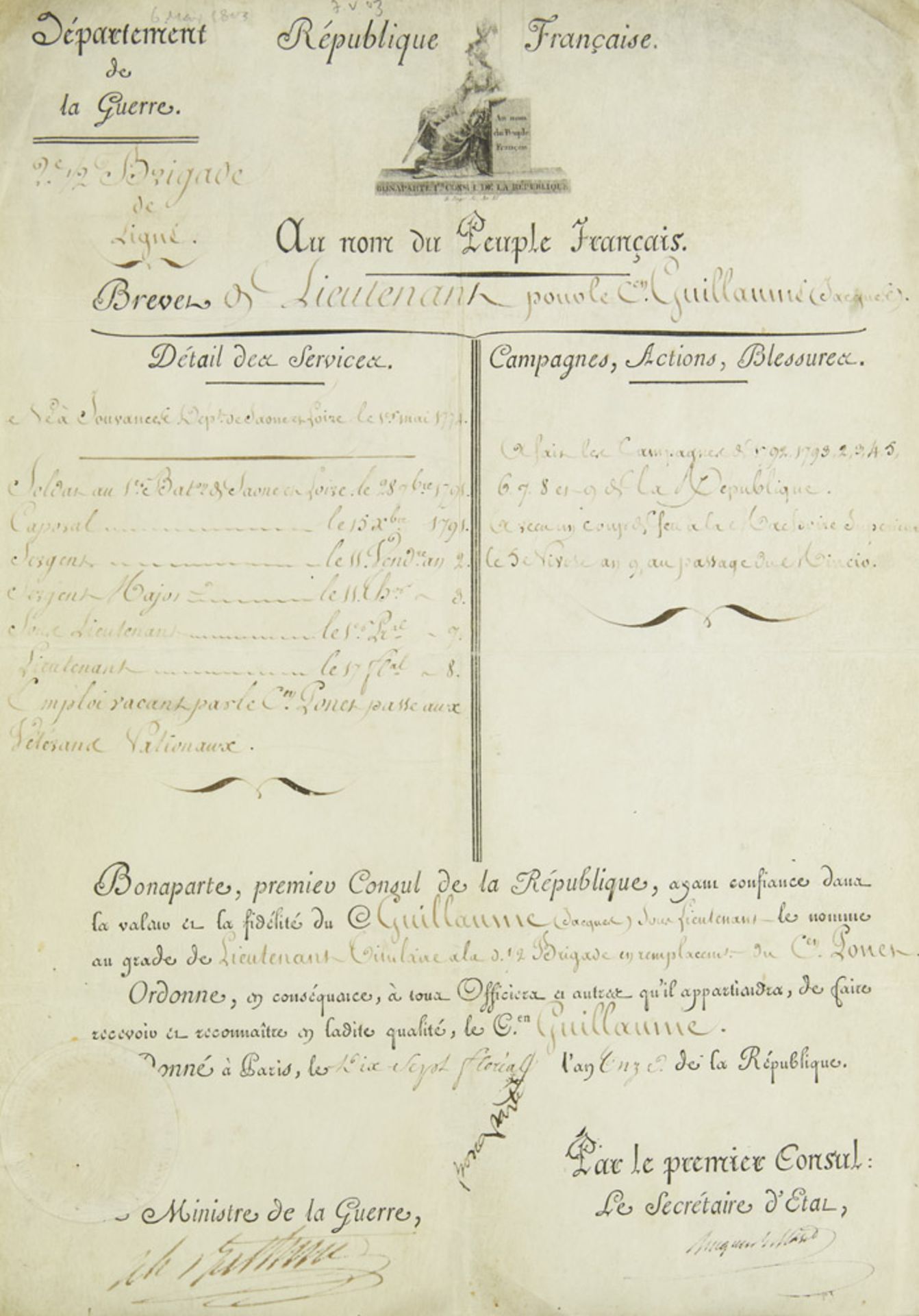 Napoleon Bonaparte (1769-1821). Offiziersbrevet m. Unterschrift "Bonaparte" u. eigh. Unterschrift d