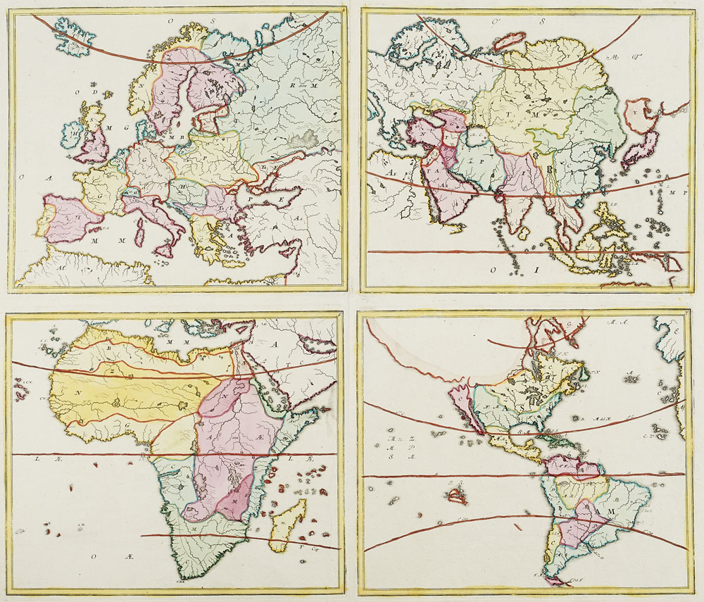 Welt - - Sammlung von drei alten Karten. Je (kolorierter) Kupferstich auf Papier.