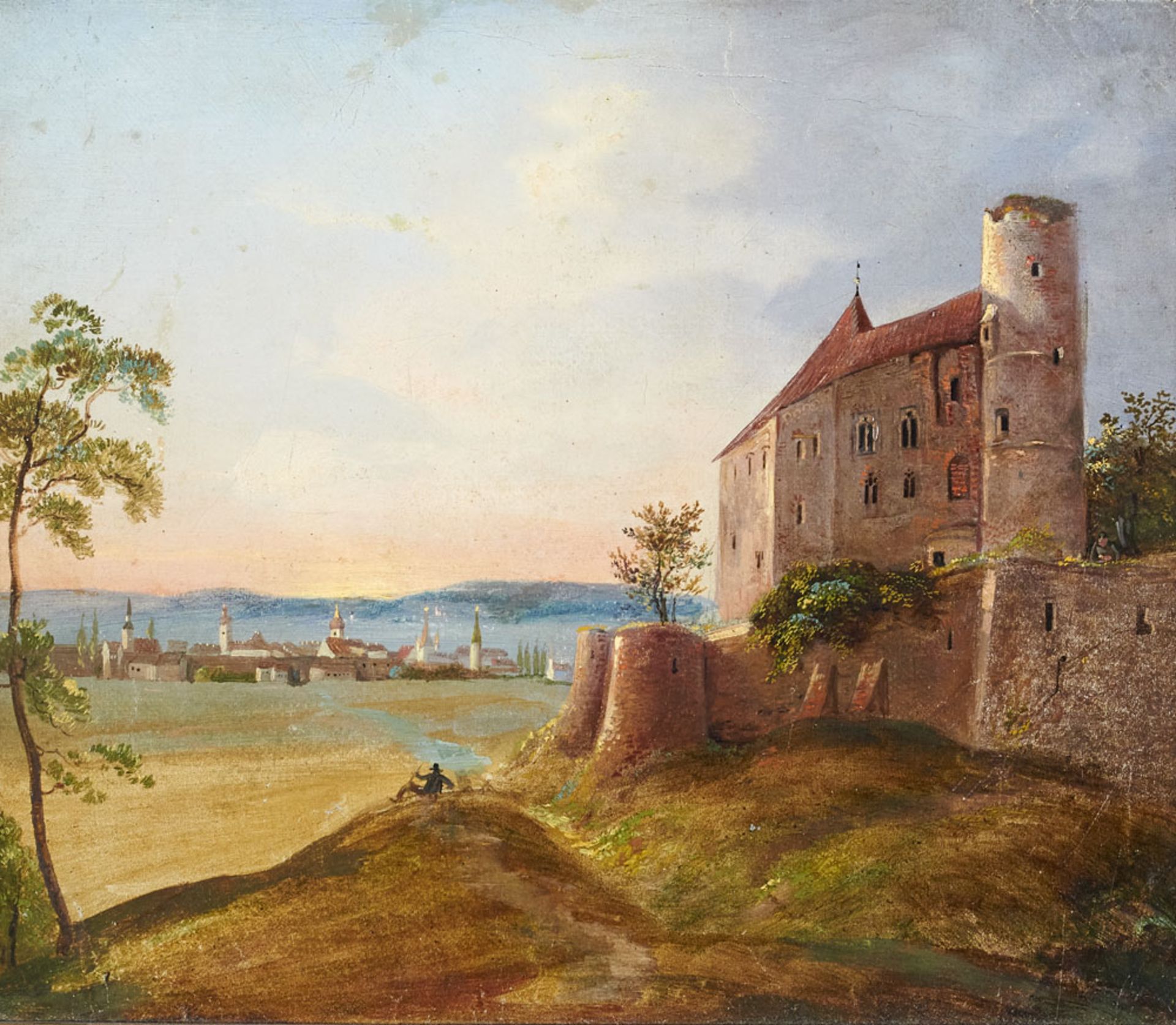 Anonymer Künstler des 19. Jh. Landschaft mit Burg vor untergehender Sonne.