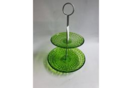 Two Tier Green Glass Cake Stand