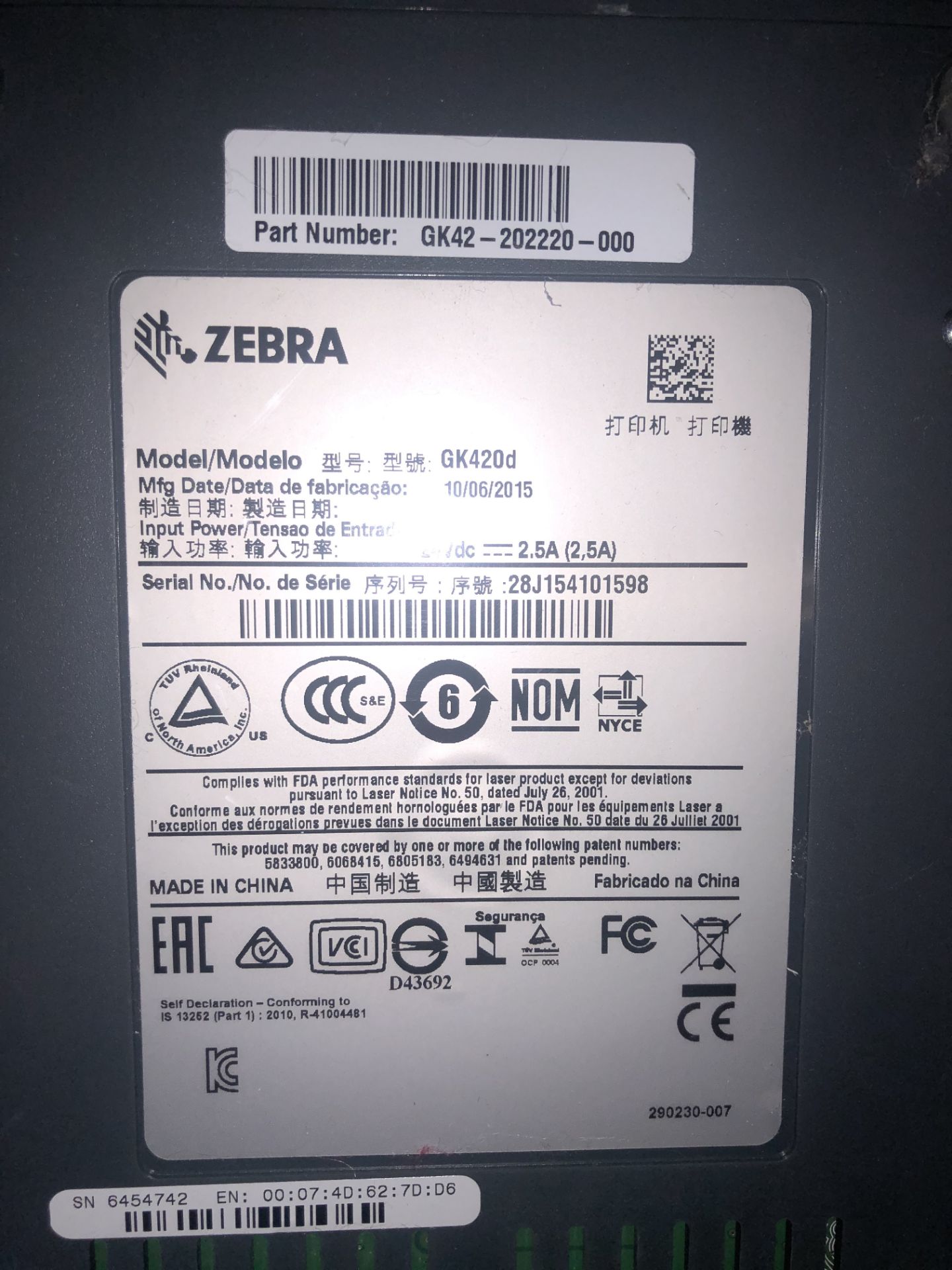 Zebra GK420d Label/Barcode Printer w/ Power Lead - Image 3 of 3