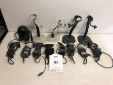 8 x Various Handheld Barcode Scanners w/ 4 x Stands