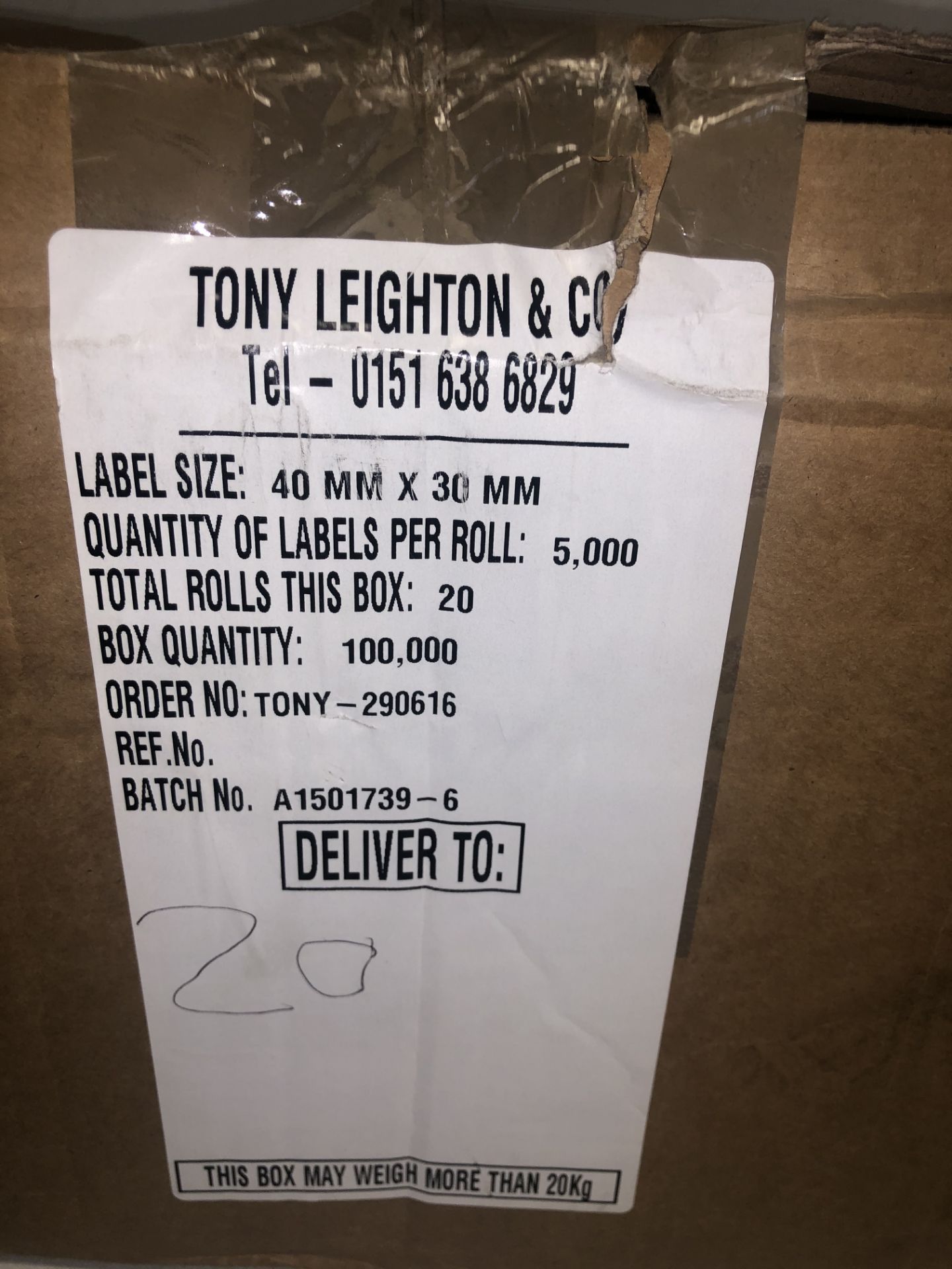 Approximately 20 x Rolls of Tony Leighton 40mm x 30mm Labels - Image 2 of 3