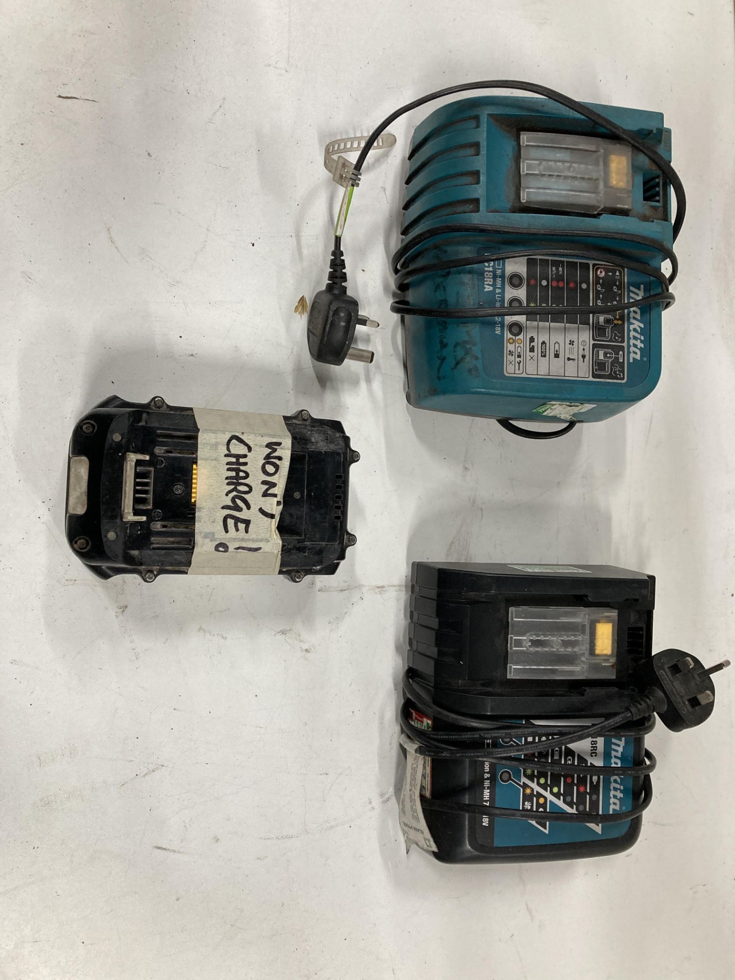 2 x Makita Battery Chargers & Damaged Makita Battery