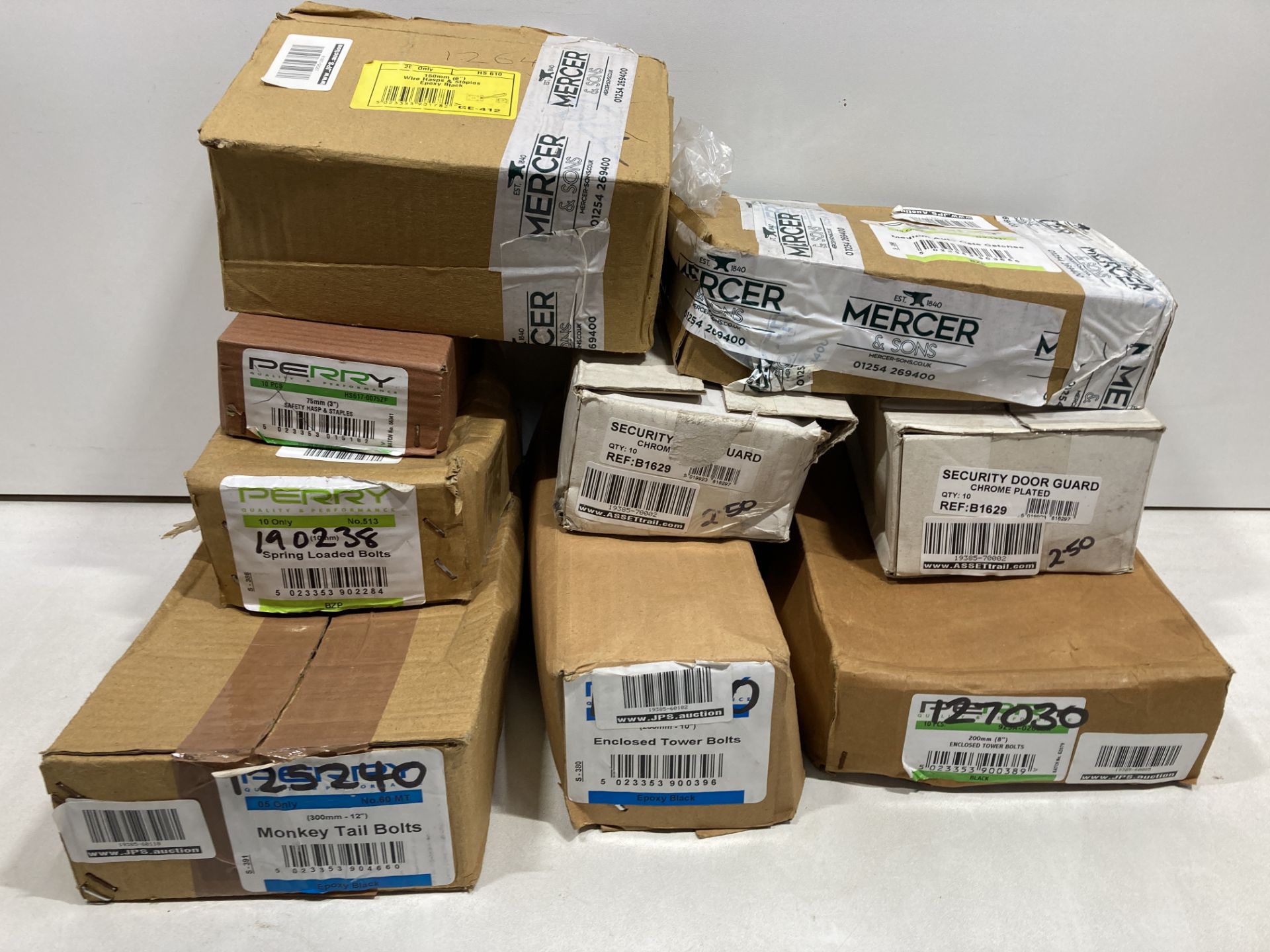 9 Boxes of Various Perry Bolts, Latches & Hasps