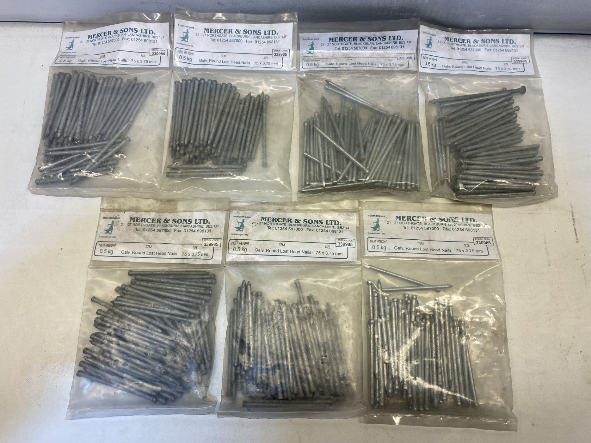 7 x Mercer & Sons 75 x 3.75mm Gavlonised Round Lost Head Nails