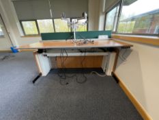 Single SBFI Aspect electric powered sit to stand desk with dual arm monitor arms, power module