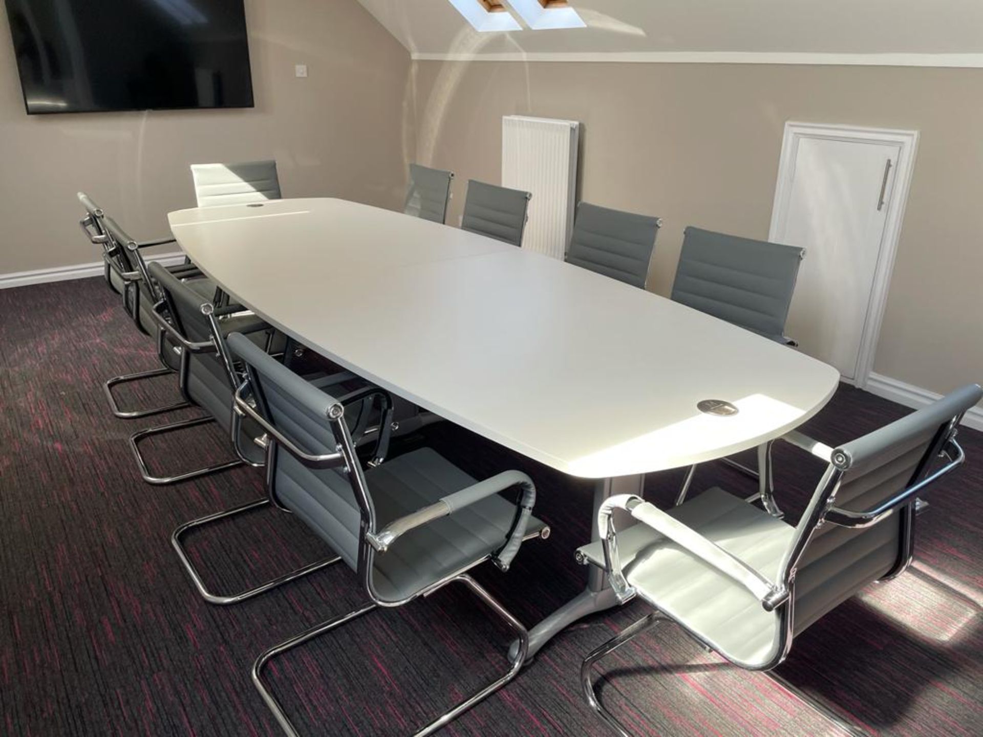 Wooden Executive Boardroom Table w/ 10 x Grey Faux Leather Chairs | 340cm x 120cm