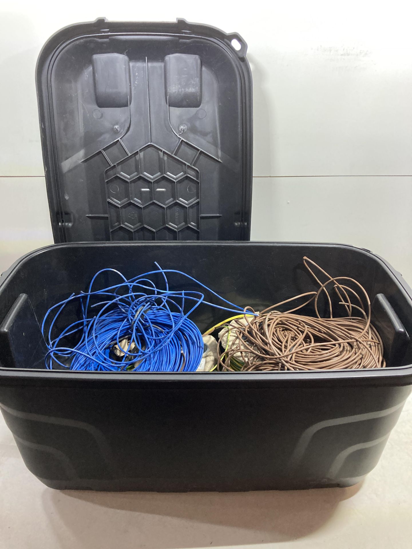 7 x Various Single Core Cable in Black Wheeled Storage Box