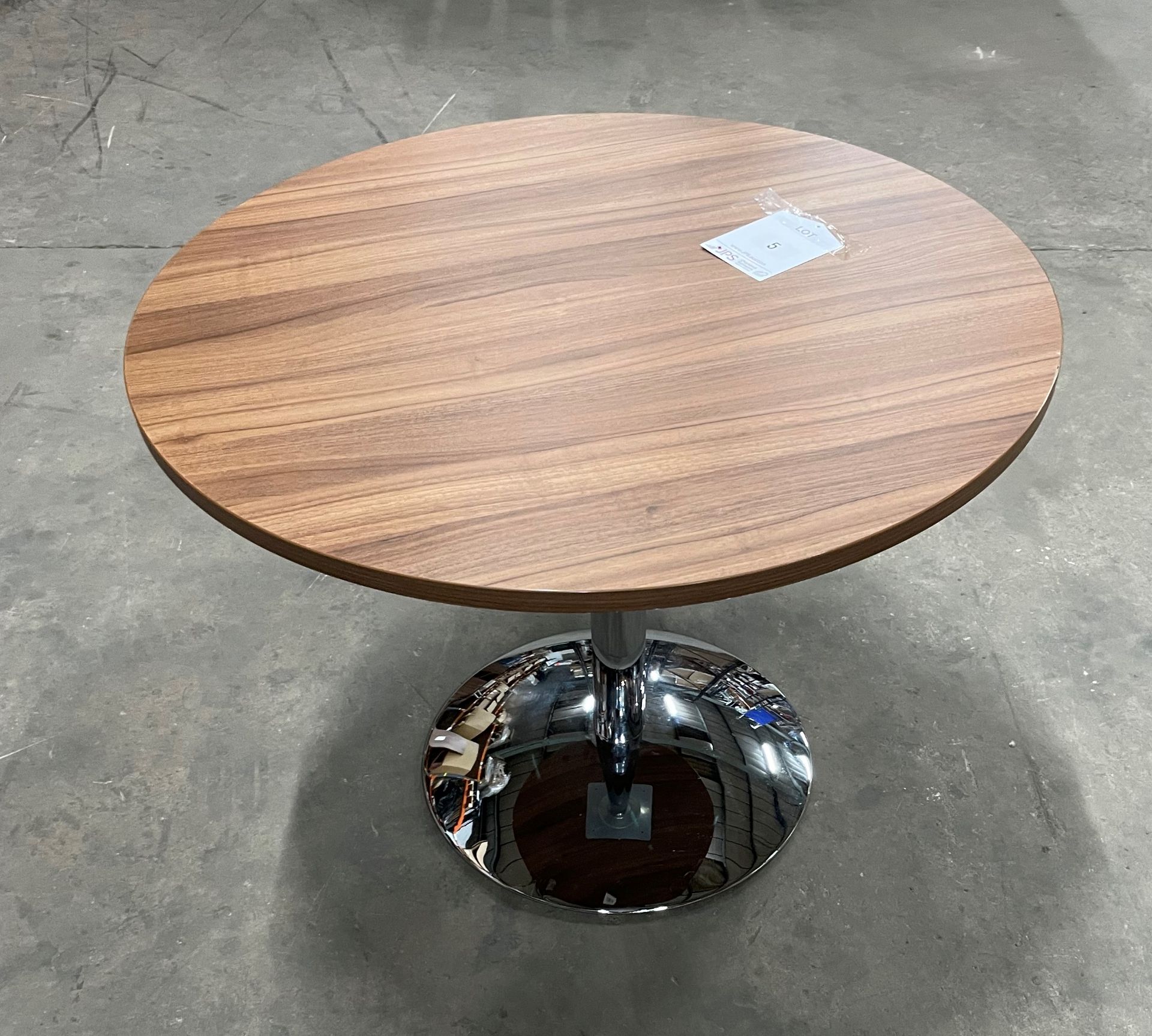 Circular Dark Wood Effect Table w/Polished Chrome Pedestal